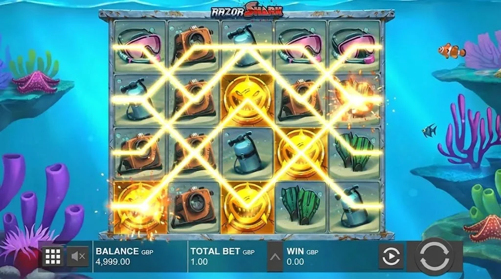 Razor Shark 5 reel 4 row grid showing all 20 fixed paylines